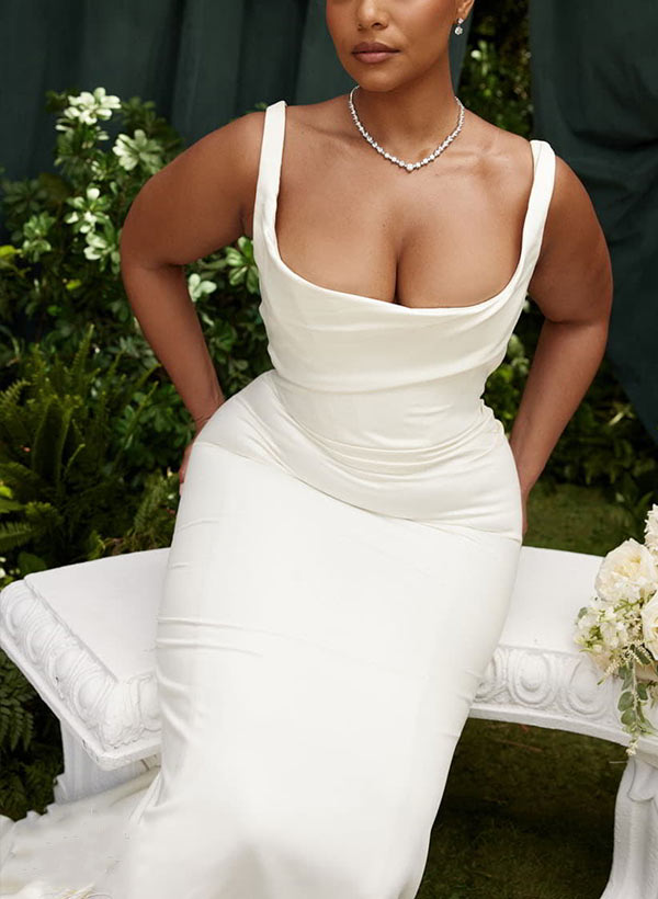 Charmeuse Mermaid Fitted Wedding Dress Cowl Neck Sleeveless Design Sweep Train-Showprettydress