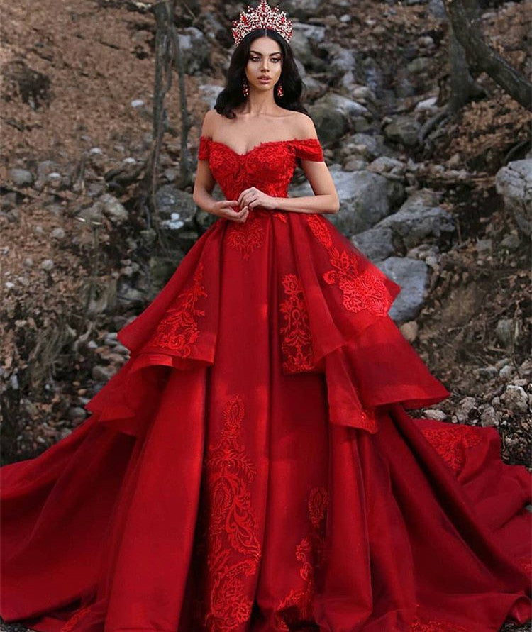 Charming Ball Gown Appliques Off-the-Shoulder Sleeveless Prom Party Gowns-showprettydress