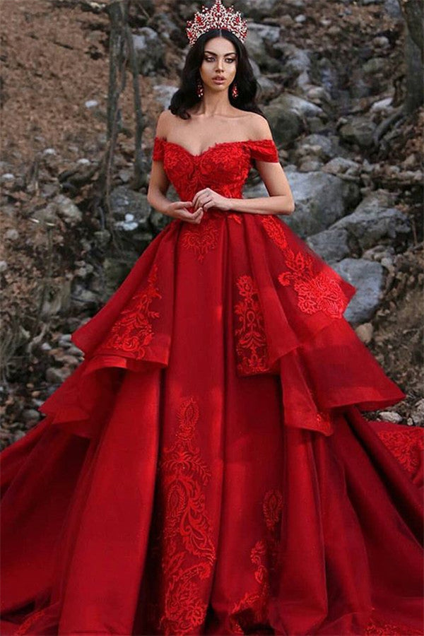 Charming Ball Gown Appliques Off-the-Shoulder Sleeveless Prom Party Gowns-showprettydress