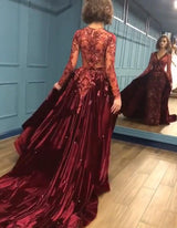 Charming Beading Burgundy Long Sleevess Prom Dresses with Appliques-showprettydress
