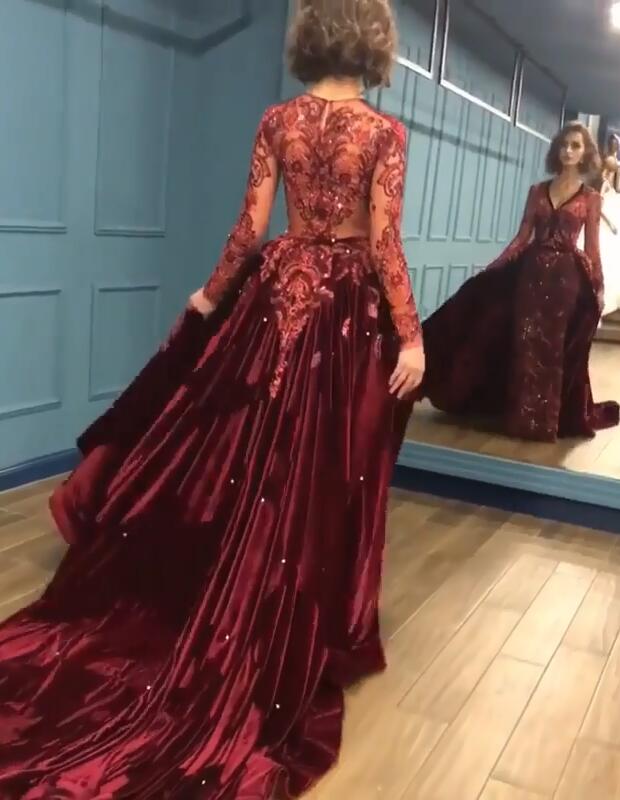 Charming Beading Burgundy Long Sleevess Prom Dresses with Appliques-showprettydress