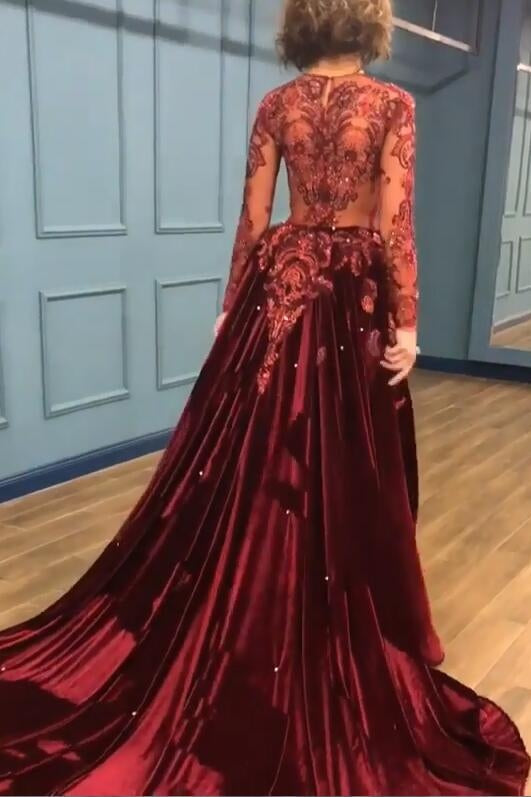 Charming Beading Burgundy Long Sleevess Prom Dresses with Appliques-showprettydress