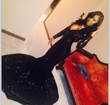 Charming Black Sequins Long-Sleeves Deep-V-Neck Alluring Prom Dresses-showprettydress