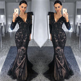 Charming Black Tulle Nude Lining Evening Dresses with Sleeves Elegant Long Sleeves Beads Appliques Prom Dresses-showprettydress