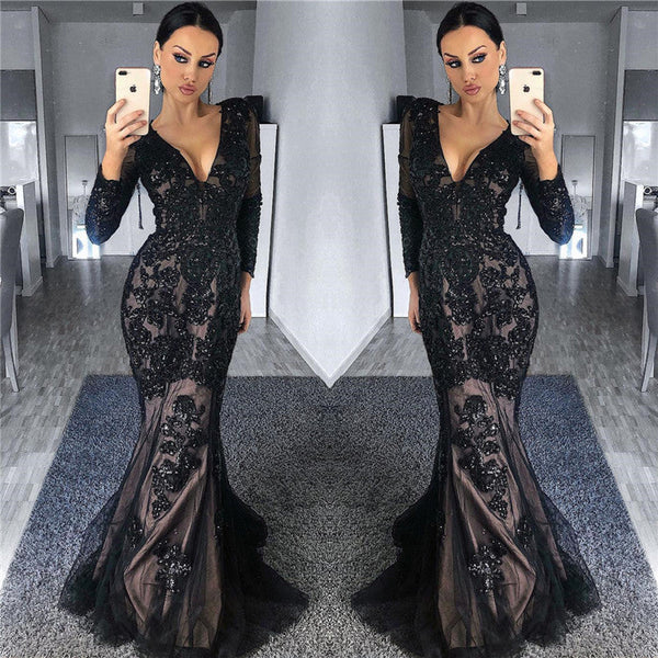 Charming Black Tulle Nude Lining Evening Dresses with Sleeves Elegant Long Sleeves Beads Appliques Prom Dresses-showprettydress