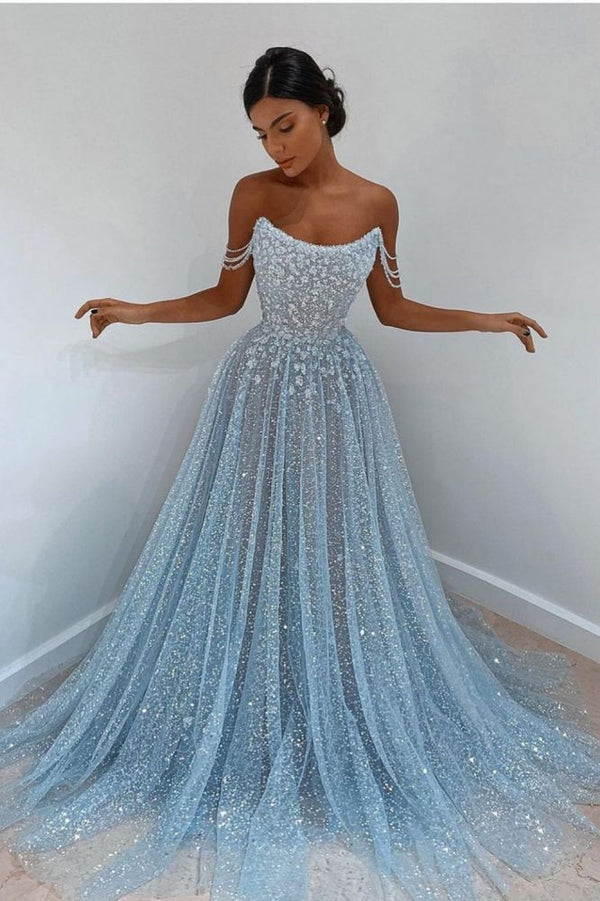 Charming Blue Long A-line Sequined Sleeveless Formal Prom Dress-showprettydress