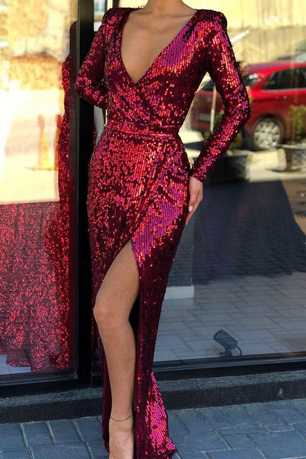 Charming Burgundy Deep V-neck High Slit Sequined Evening Gowns-showprettydress