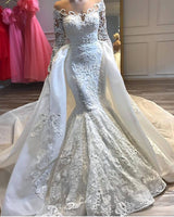 Charming Crew Neck Lace Appliques Mermaid Wedding Bridal Gowns with Detachable Train-showprettydress