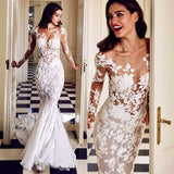 Charming Crew Neck Long Mermaid Lace Appliques Wedding DressesLong Sleeves Slim Bridal Gowns-showprettydress