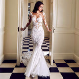 Charming Crew Neck Long Mermaid Lace Appliques Wedding DressesLong Sleeves Slim Bridal Gowns-showprettydress