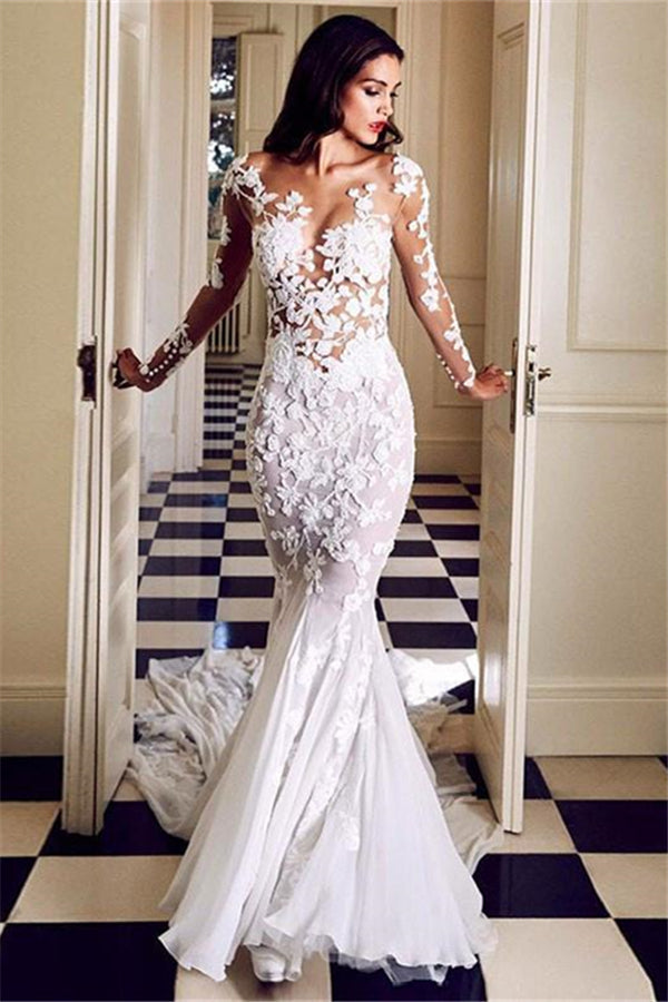 Charming Crew Neck Long Mermaid Lace Appliques Wedding DressesLong Sleeves Slim Bridal Gowns-showprettydress