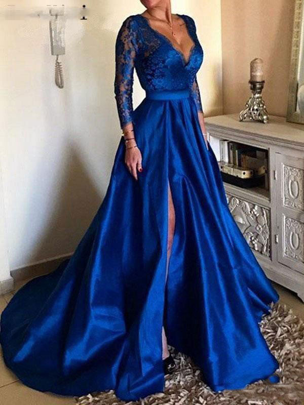 Charming Evening Dress Ball Gown V Neck 3/4 Length Sleeves Zipper Lace Satin Fabric Social Party Dresses With Train-showprettydress