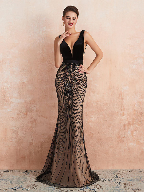 Charming Evening Dress Mermaid Black Beaded Sleeveless V Neck Formal Party Dresses With Train-showprettydress