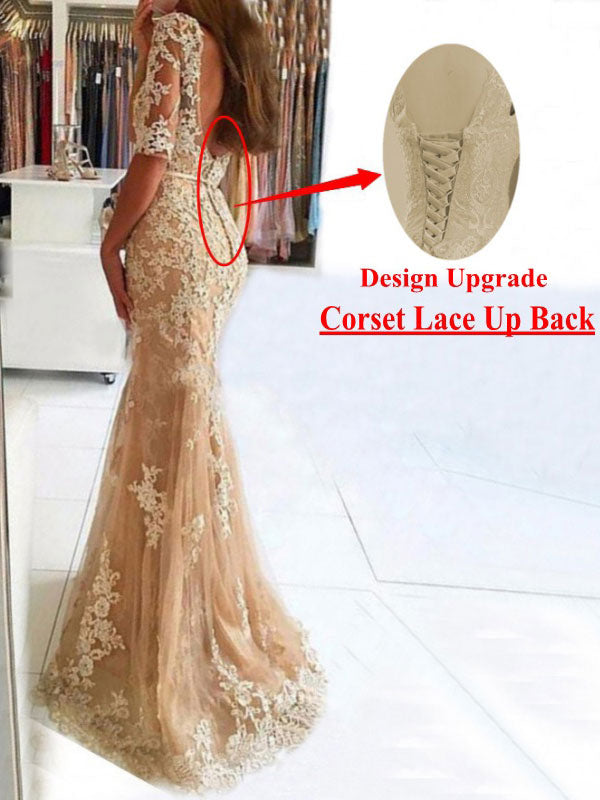 Charming Evening Dress Mermaid Illusion Neckline Lace Applique Formal Party Dresses With Train-showprettydress
