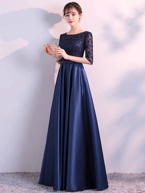 Charming Evening Dresses Dark Navy Long evening dress Lace Satin Bow Sash Half Sleeve Formal Gowns-showprettydress