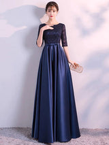 Charming Evening Dresses Dark Navy Long evening dress Lace Satin Bow Sash Half Sleeve Formal Gowns-showprettydress
