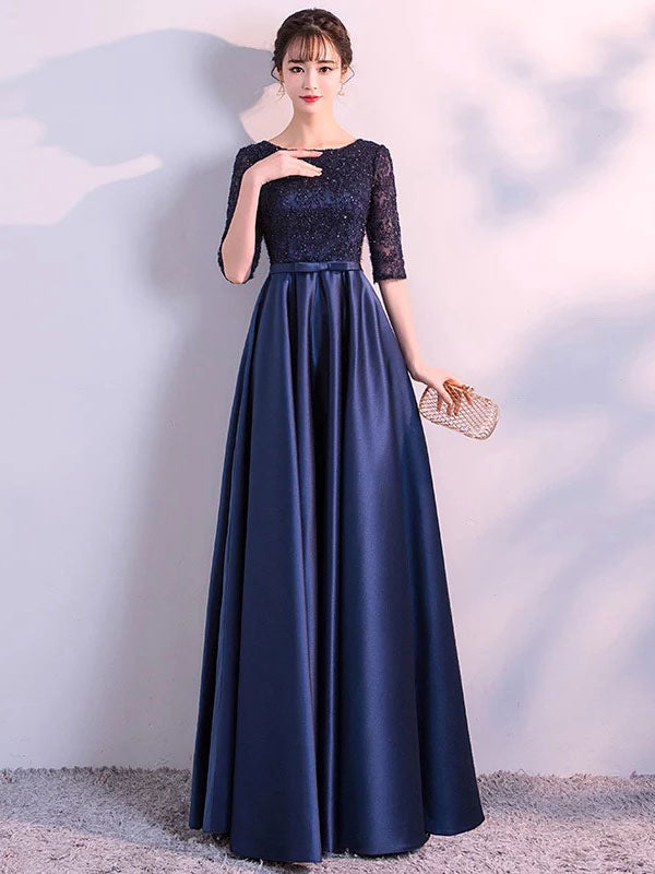 Charming Evening Dresses Dark Navy Long evening dress Lace Satin Bow Sash Half Sleeve Formal Gowns-showprettydress
