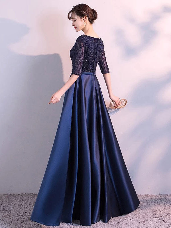 Charming Evening Dresses Dark Navy Long evening dress Lace Satin Bow Sash Half Sleeve Formal Gowns-showprettydress