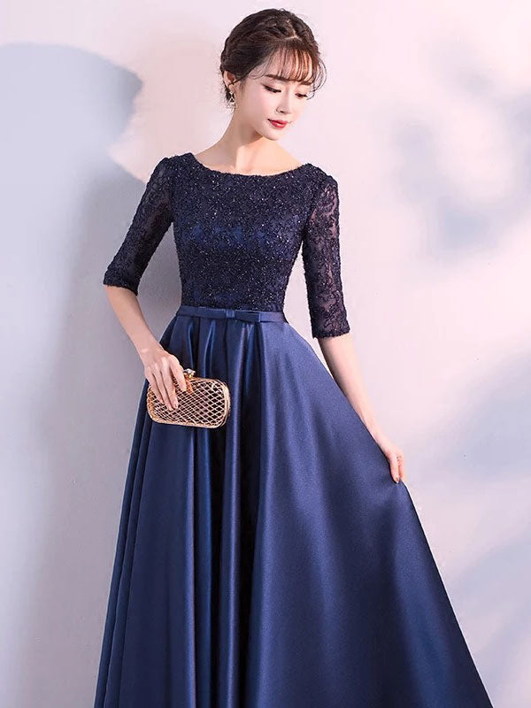 Charming Evening Dresses Dark Navy Long evening dress Lace Satin Bow Sash Half Sleeve Formal Gowns-showprettydress