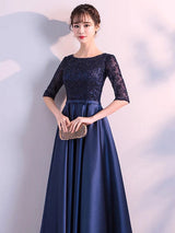 Charming Evening Dresses Dark Navy Long evening dress Lace Satin Bow Sash Half Sleeve Formal Gowns-showprettydress