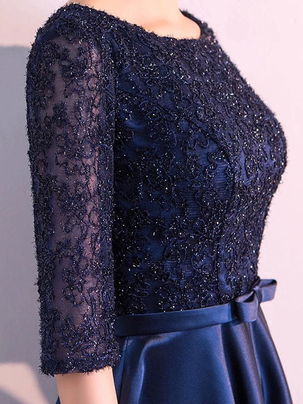 Charming Evening Dresses Dark Navy Long evening dress Lace Satin Bow Sash Half Sleeve Formal Gowns-showprettydress