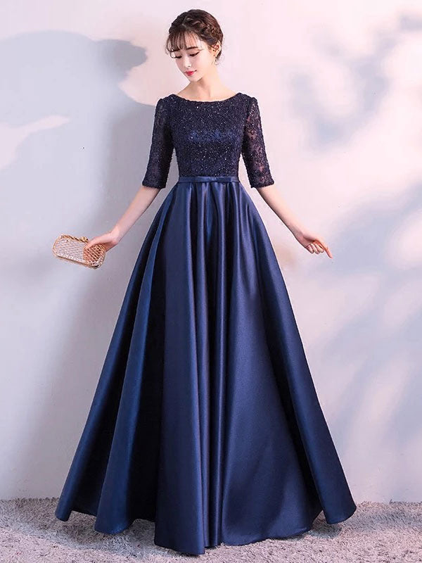 Charming Evening Dresses Dark Navy Long evening dress Lace Satin Bow Sash Half Sleeve Formal Gowns-showprettydress