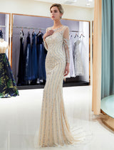 Charming Evening Dresses Long Sleeve Light Grey Mermaid Beading Illusion Luxury Formal Gowns-showprettydress
