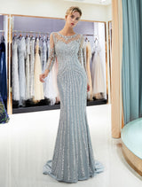 Charming Evening Dresses Long Sleeve Light Grey Mermaid Beading Illusion Luxury Formal Gowns-showprettydress