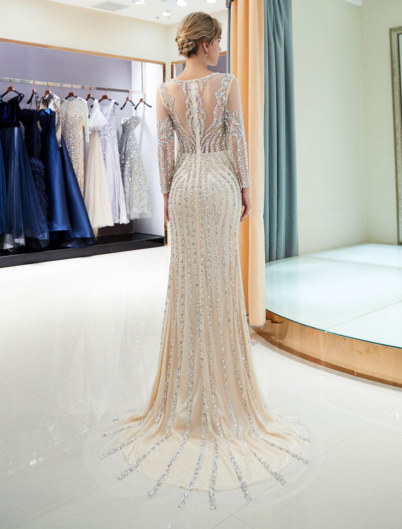 Charming Evening Dresses Long Sleeve Light Grey Mermaid Beading Illusion Luxury Formal Gowns-showprettydress