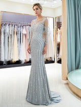 Charming Evening Dresses Long Sleeve Light Grey Mermaid Beading Illusion Luxury Formal Gowns-showprettydress
