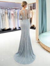 Charming Evening Dresses Long Sleeve Light Grey Mermaid Beading Illusion Luxury Formal Gowns-showprettydress