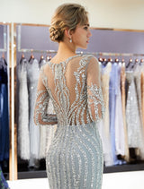Charming Evening Dresses Long Sleeve Light Grey Mermaid Beading Illusion Luxury Formal Gowns-showprettydress