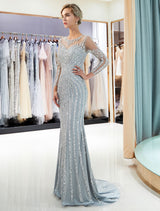 Charming Evening Dresses Long Sleeve Light Grey Mermaid Beading Illusion Luxury Formal Gowns-showprettydress