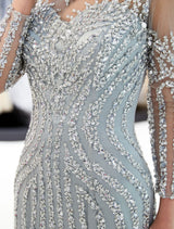 Charming Evening Dresses Long Sleeve Light Grey Mermaid Beading Illusion Luxury Formal Gowns-showprettydress