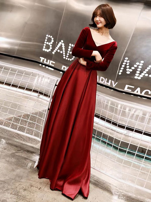 Charming Evening Dresses Long Sleeve V Neck Satin Velvet Floor Length Maxi Dresses-showprettydress
