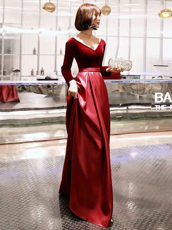 Charming Evening Dresses Long Sleeve V Neck Satin Velvet Floor Length Maxi Dresses-showprettydress