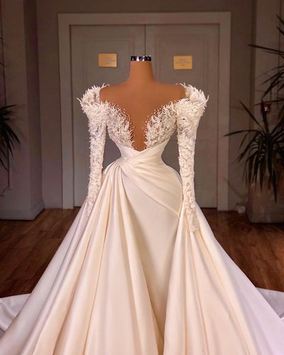 Charming Long A-line Cathedral V-neck Satin Lace Wedding Dresses With Sleeves-showprettydress