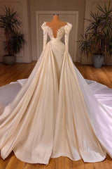 Charming Long A-line Cathedral V-neck Satin Lace Wedding Dresses With Sleeves-showprettydress