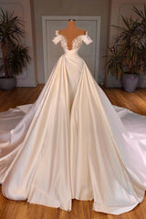 Charming Long A-line Off-the-shoulder Cathedral V-neck Satin Lace Wedding Dress-showprettydress