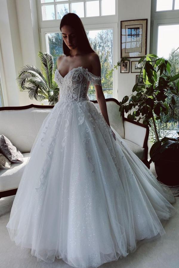 Charming Long A-line Off-the-shoulder Tulle Wedding Dress with Glitter-showprettydress