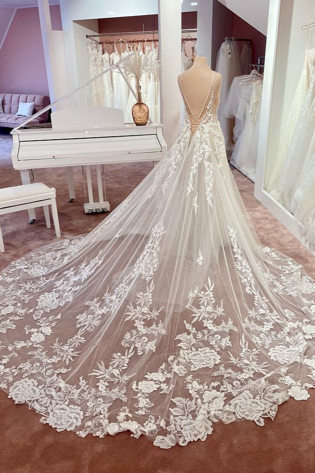 Charming Long A-Line Spaghetti Straps Appliques Lace Tulle Backless Wedding Dress-showprettydress