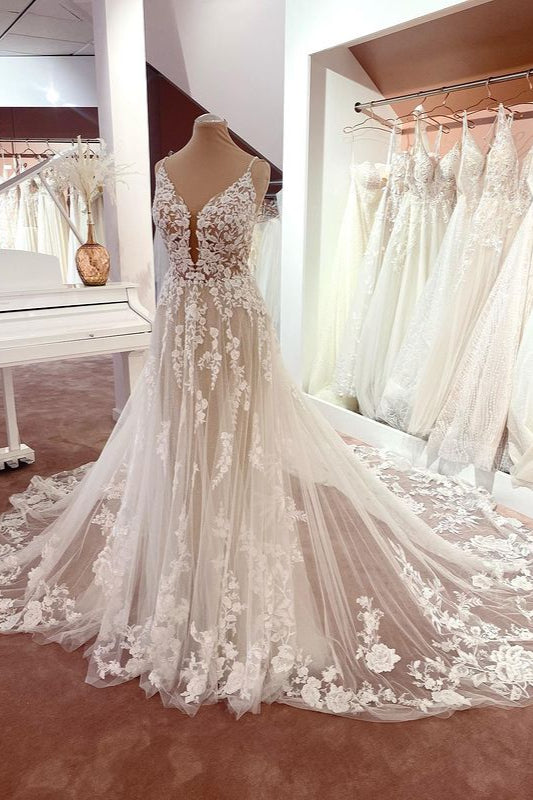 Charming Long A-Line Spaghetti Straps Appliques Lace Tulle Backless Wedding Dress-showprettydress