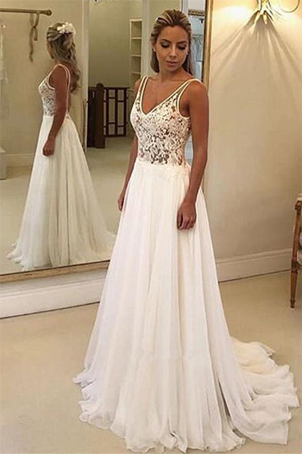 Charming Long A-Line V-Neck Appliques Lace Backless Wedding Dresses-showprettydress