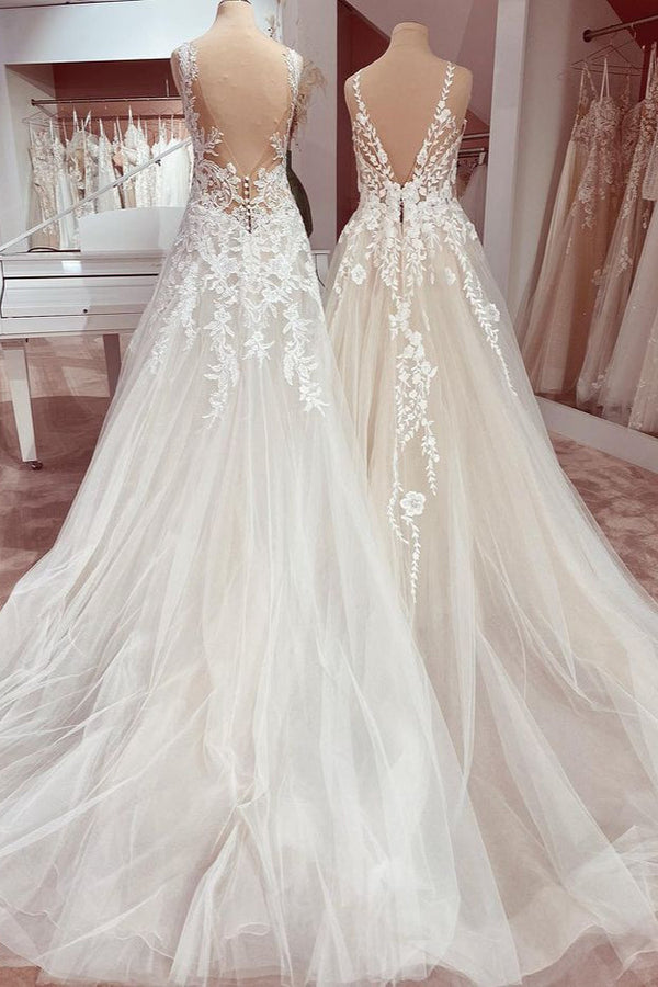Charming Long A-Line V-neck Appliques Lace Tulle Wedding Dress-showprettydress