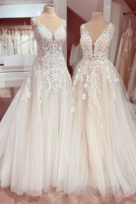 Charming Long A-Line V-neck Appliques Lace Tulle Wedding Dress-showprettydress