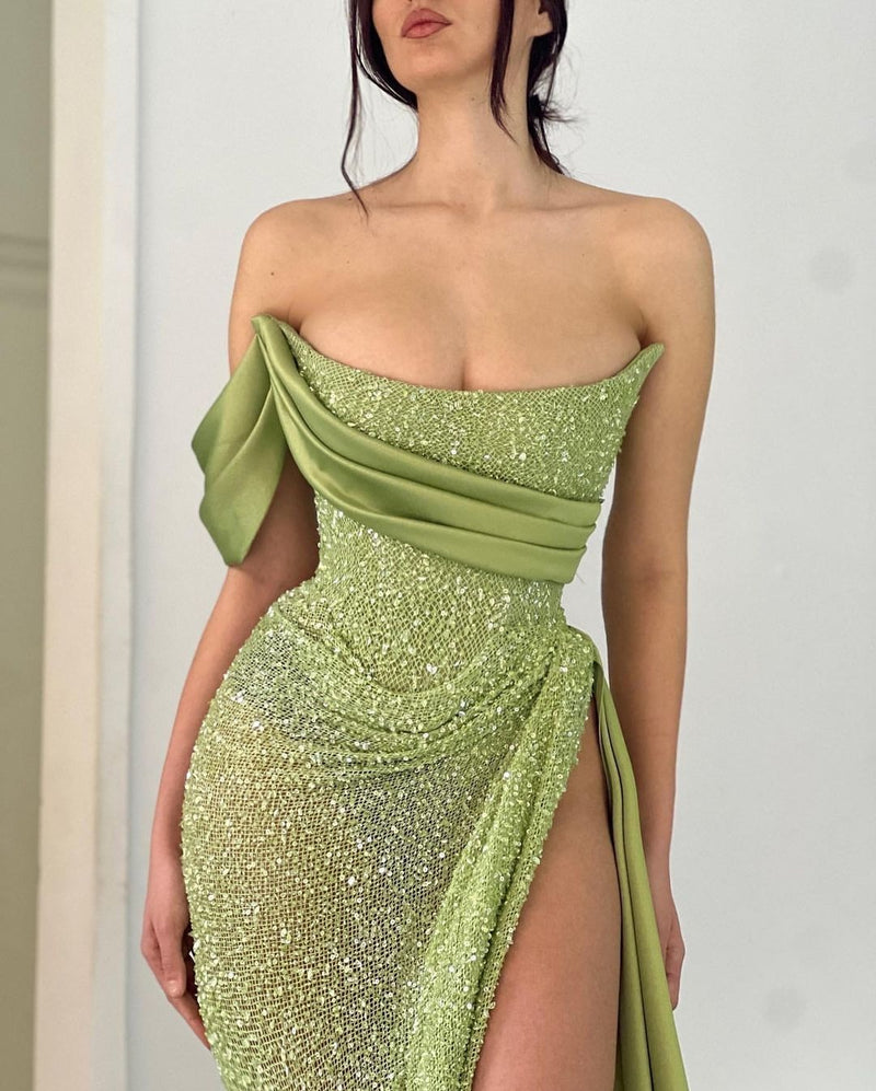 Charming Long Mermaid Floor Length One Shoulder Prom Dress with Split-showprettydress