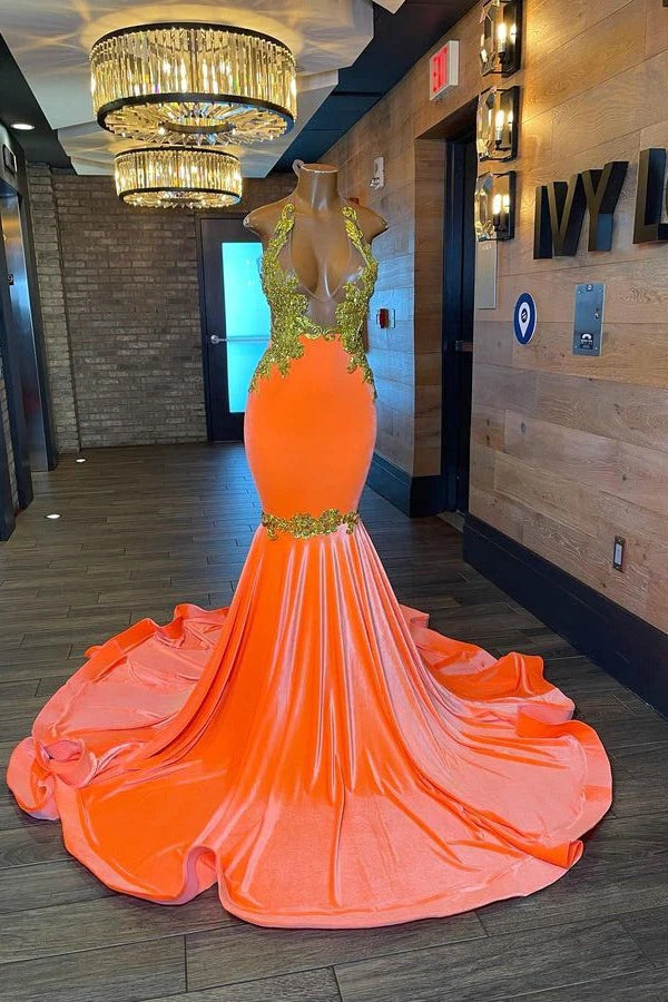 Charming Long Mermaid Halter Sleeveless Backless Prom Dress With Gold Beading-showprettydress