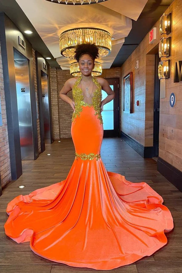 Charming Long Mermaid Halter Sleeveless Backless Prom Dress With Gold Beading-showprettydress