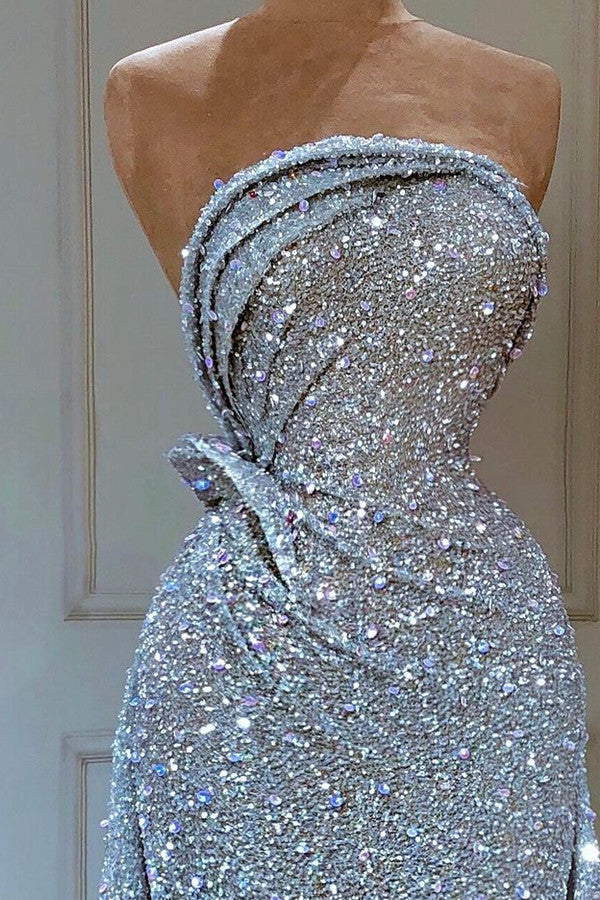 Charming Long Mermaid Strapless Sequins Beads Prom Dress Overskirt-showprettydress