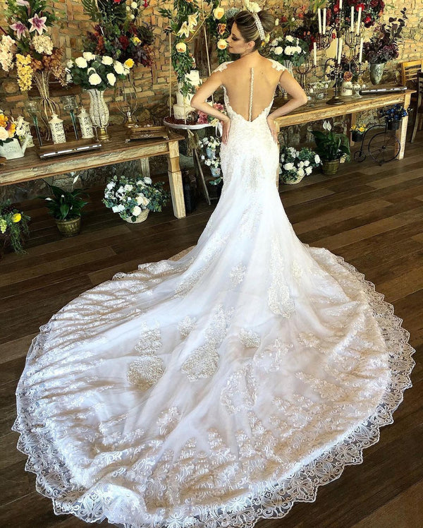 Charming Long Mermaid Sweetheart Lace Wedding Dress with Cap Sleeves-showprettydress
